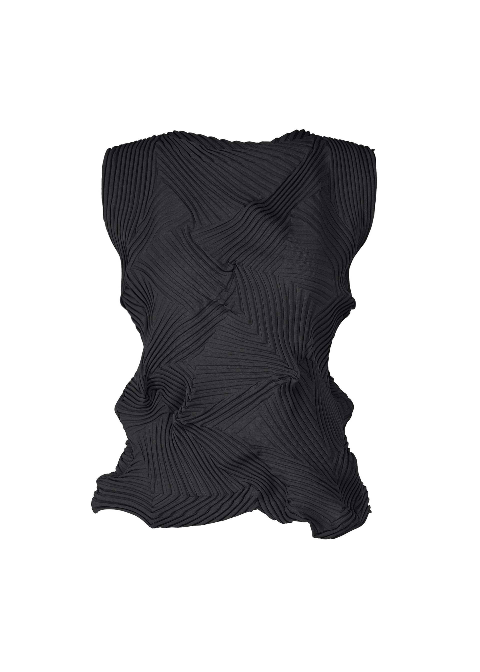 Zoomed view The TYPE-P 003-2 by A-POC ABLE ISSEY MIYAKE is a sleeveless black top with a geometric pleated design made using the Baked Stretch technique, featuring textured folds and angular patterns—shown on a white background. - BLACK （no.15）