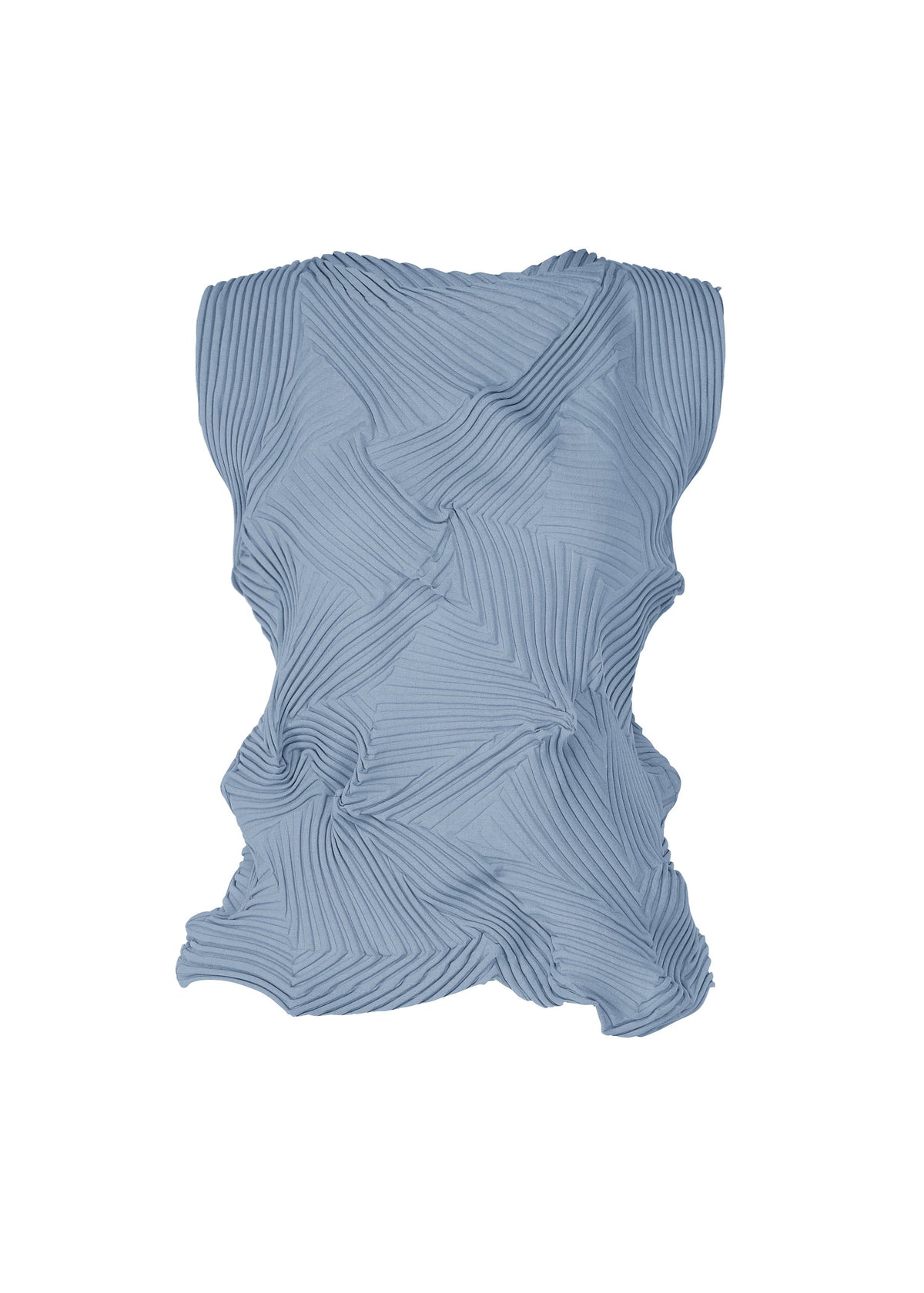 The TYPE-P 003-2 by A-POC ABLE ISSEY MIYAKE is a sleeveless light blue top with a geometric pleated pattern made via the Baked Stretch technique and an asymmetrical wavy outline, shown on a plain white background. view 3 of 10