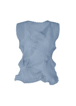 The TYPE-P 003-2 by A-POC ABLE ISSEY MIYAKE is a sleeveless light blue top with a geometric pleated pattern made via the Baked Stretch technique and an asymmetrical wavy outline, shown on a plain white background. - STEEL BLUE （no.70）