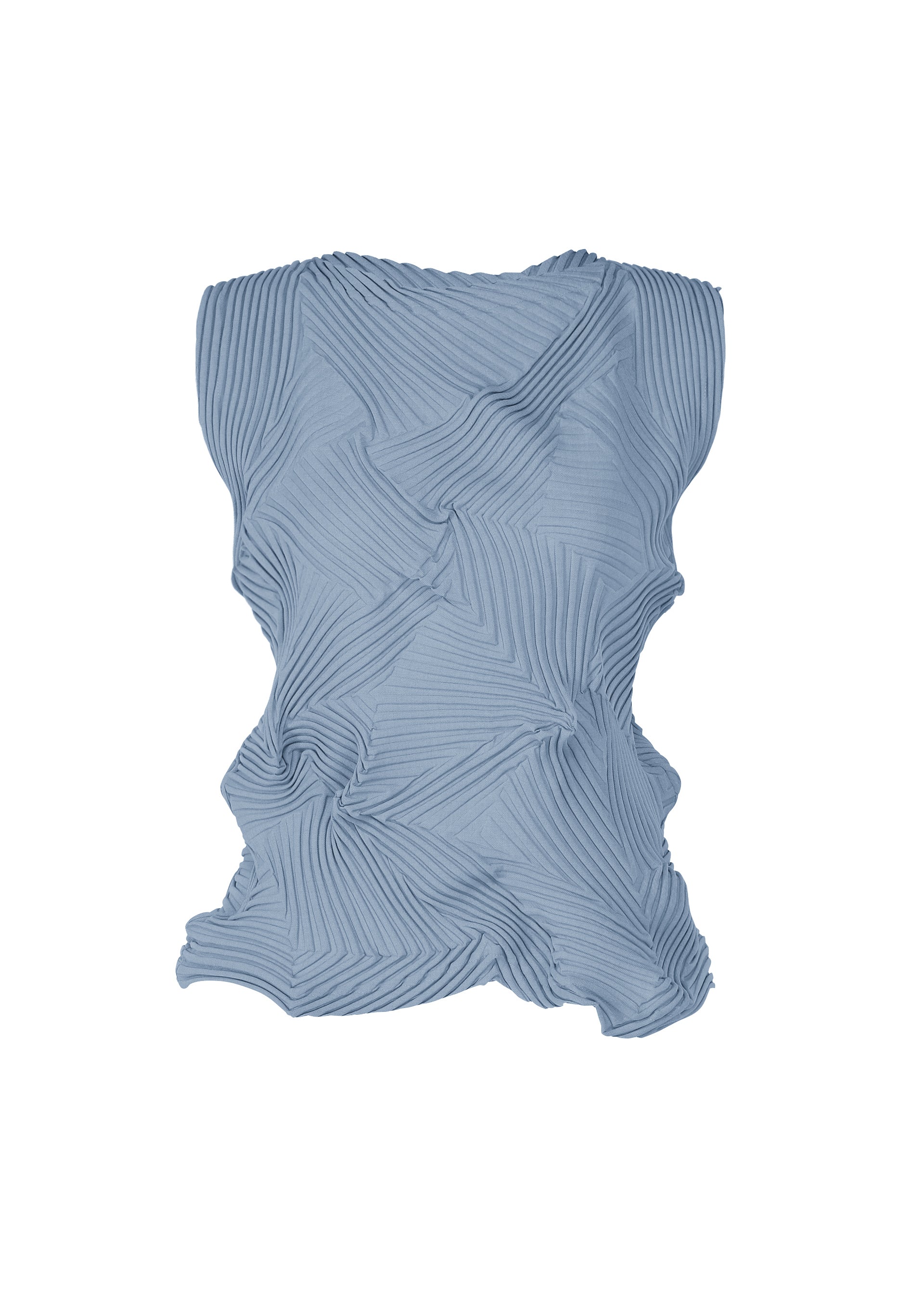 Zoomed view The TYPE-P 003-2 by A-POC ABLE ISSEY MIYAKE is a sleeveless light blue top with a geometric pleated pattern made via the Baked Stretch technique and an asymmetrical wavy outline, shown on a plain white background. - STEEL BLUE （no.70）