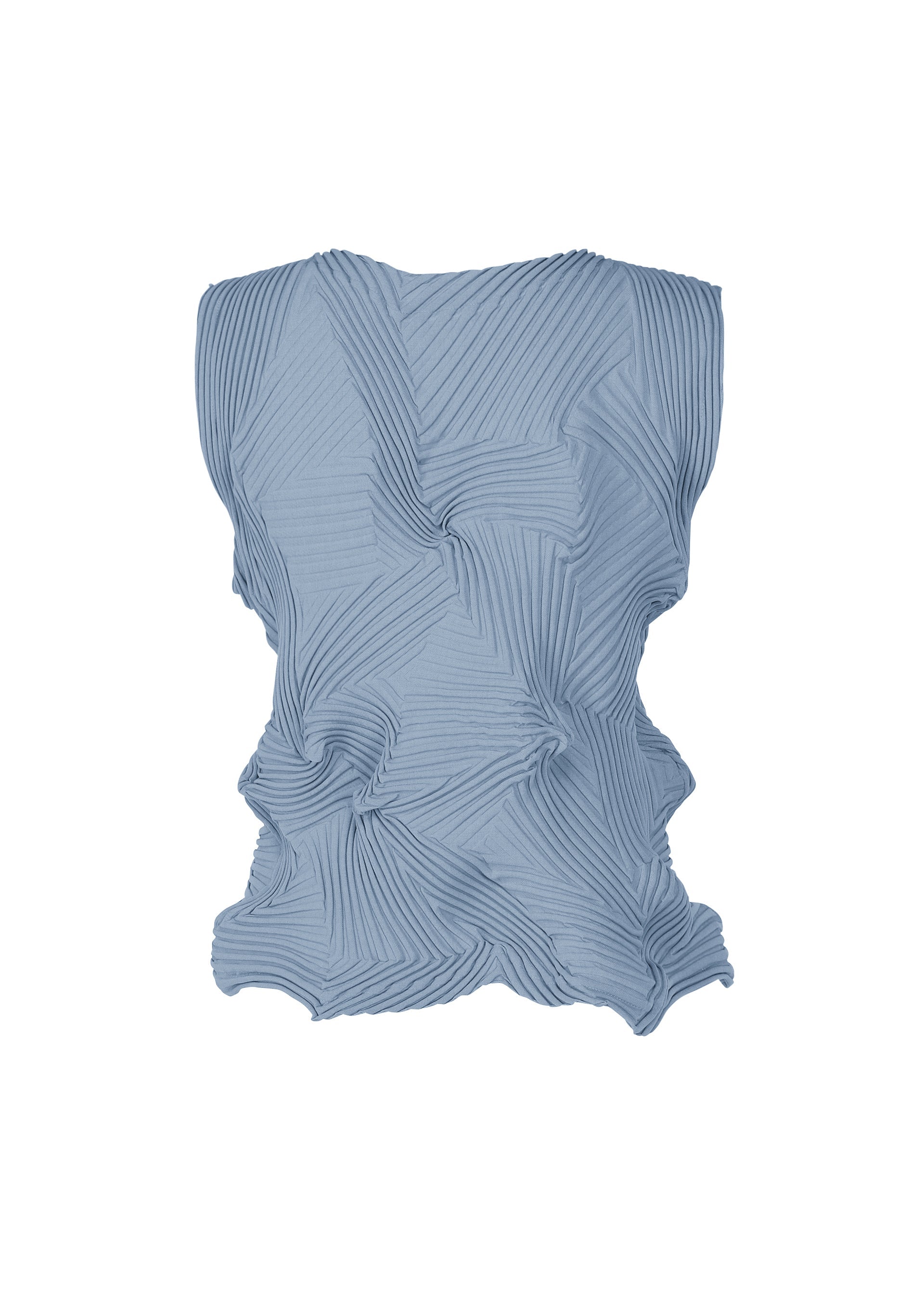 Zoomed view The TYPE-P 003-2 by A-POC ABLE ISSEY MIYAKE is a sleeveless light blue top crafted with the Baked Stretch technique, featuring three-dimensional pleated patterns for a textured, geometric look ideal for everyday wear.