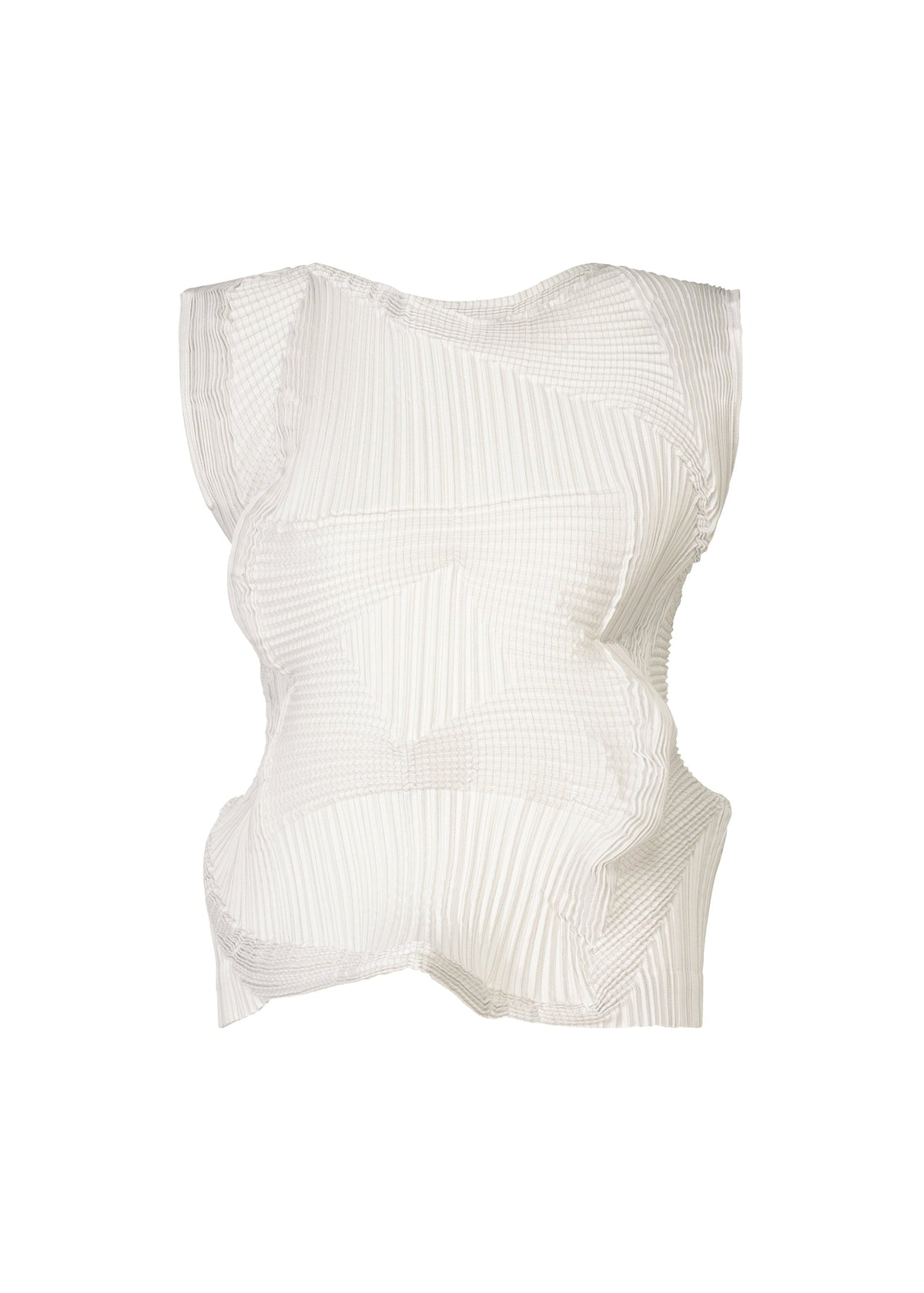 The TYPE-O 003 by A-POC ABLE ISSEY MIYAKE is a sleeveless white top with a fitted silhouette, made from plant-derived polyester using Steam Stretch for an all-over textured, layered, and pleated effect. Shown against a plain white background. view 1 of 6