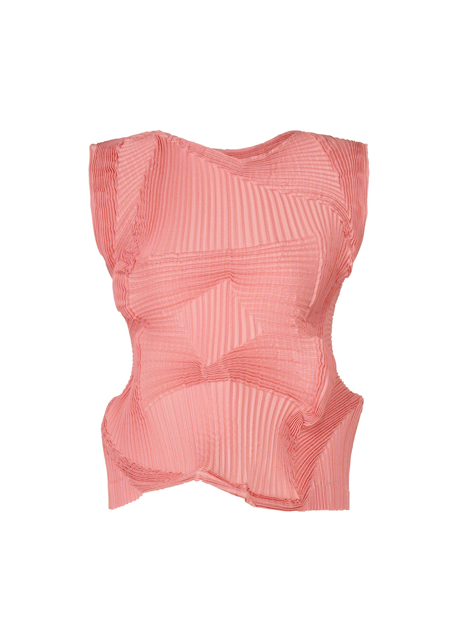 Zoomed view TYPE-O 003 by A-POC ABLE ISSEY MIYAKE is a light pink sleeveless top in plant-derived polyester, with sculptural pleated textures and an asymmetric hem shaped by Steam Stretch, shown against a white background. - PINK-HUED （no.26）