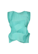 The TYPE-O 003 by A-POC ABLE ISSEY MIYAKE is a sleeveless turquoise top made from plant-derived polyester, featuring geometric pleats and angular textured panels on a white base. - EMERALD GREEN-HUED （no.67）