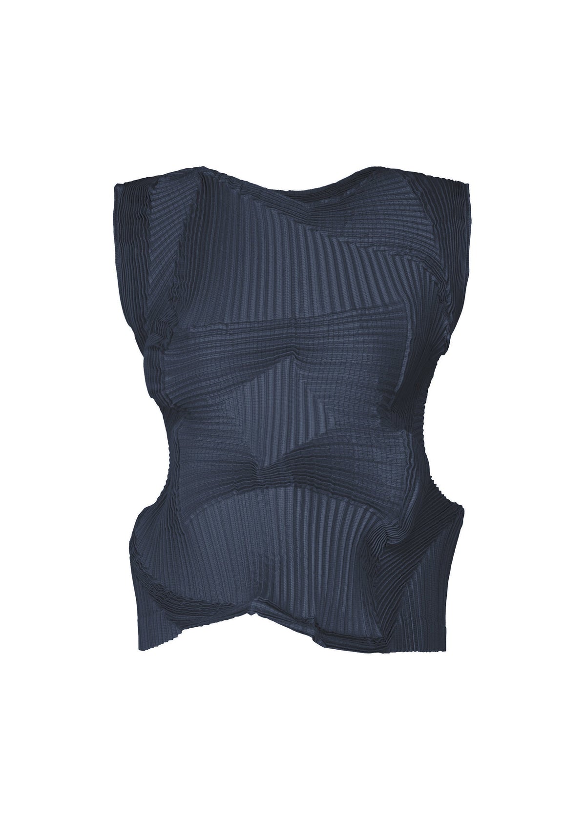 The TYPE-O 003 top by A-POC ABLE ISSEY MIYAKE is a dark, sleeveless piece in plant-based polyester with a fitted silhouette and geometric pleats created using the Steam Stretch technique, shown on a plain white background. view 4 of 6