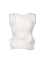 The TYPE-O 003 by A-POC ABLE ISSEY MIYAKE is a sleeveless, white top made from plant-derived polyester, featuring an abstract pleated texture and asymmetrical shape created with Steam Stretch, shown on a plain white background.