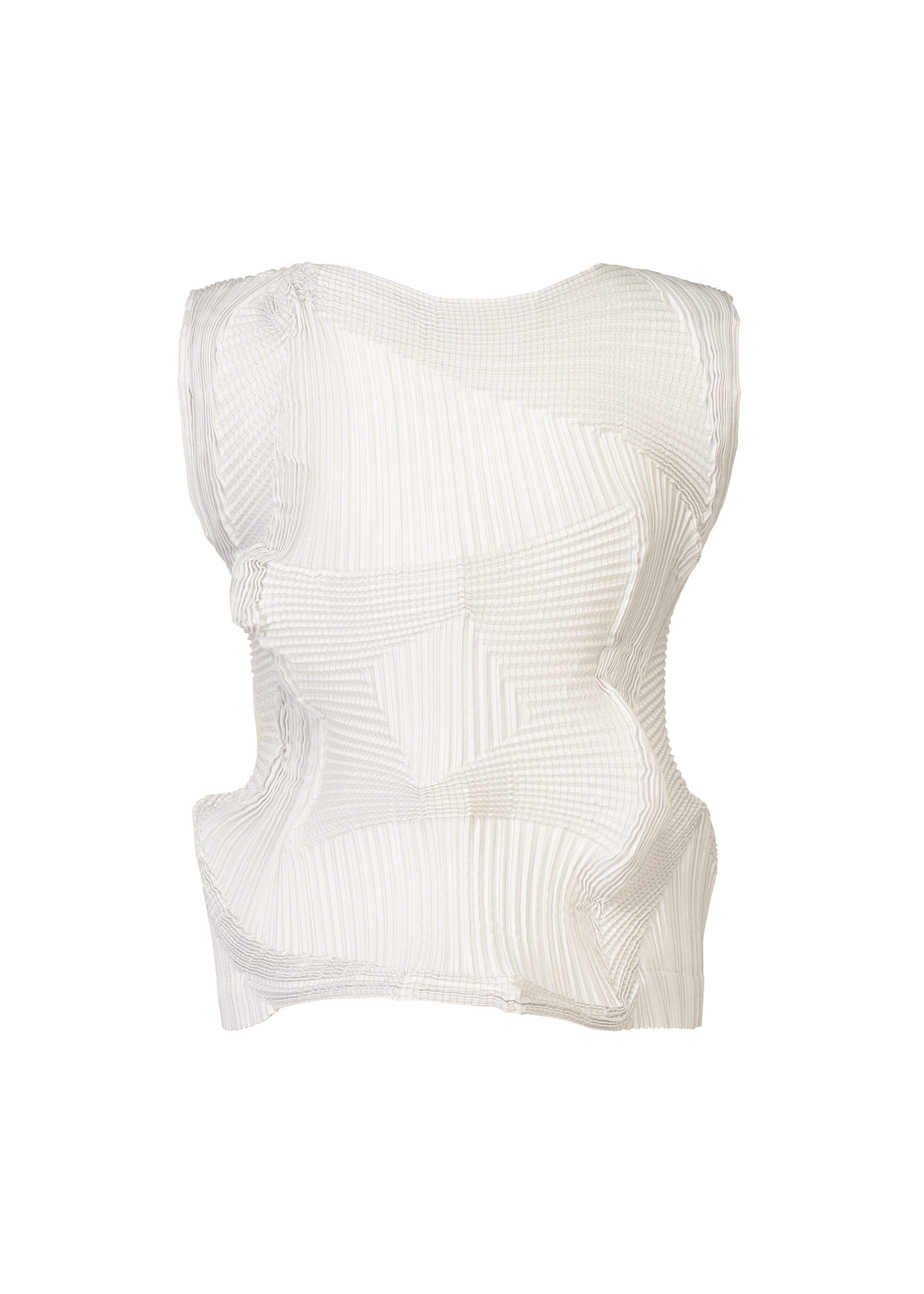 Zoomed view The TYPE-O 003 by A-POC ABLE ISSEY MIYAKE is a sleeveless, white top made from plant-derived polyester, featuring an abstract pleated texture and asymmetrical shape created with Steam Stretch, shown on a plain white background.