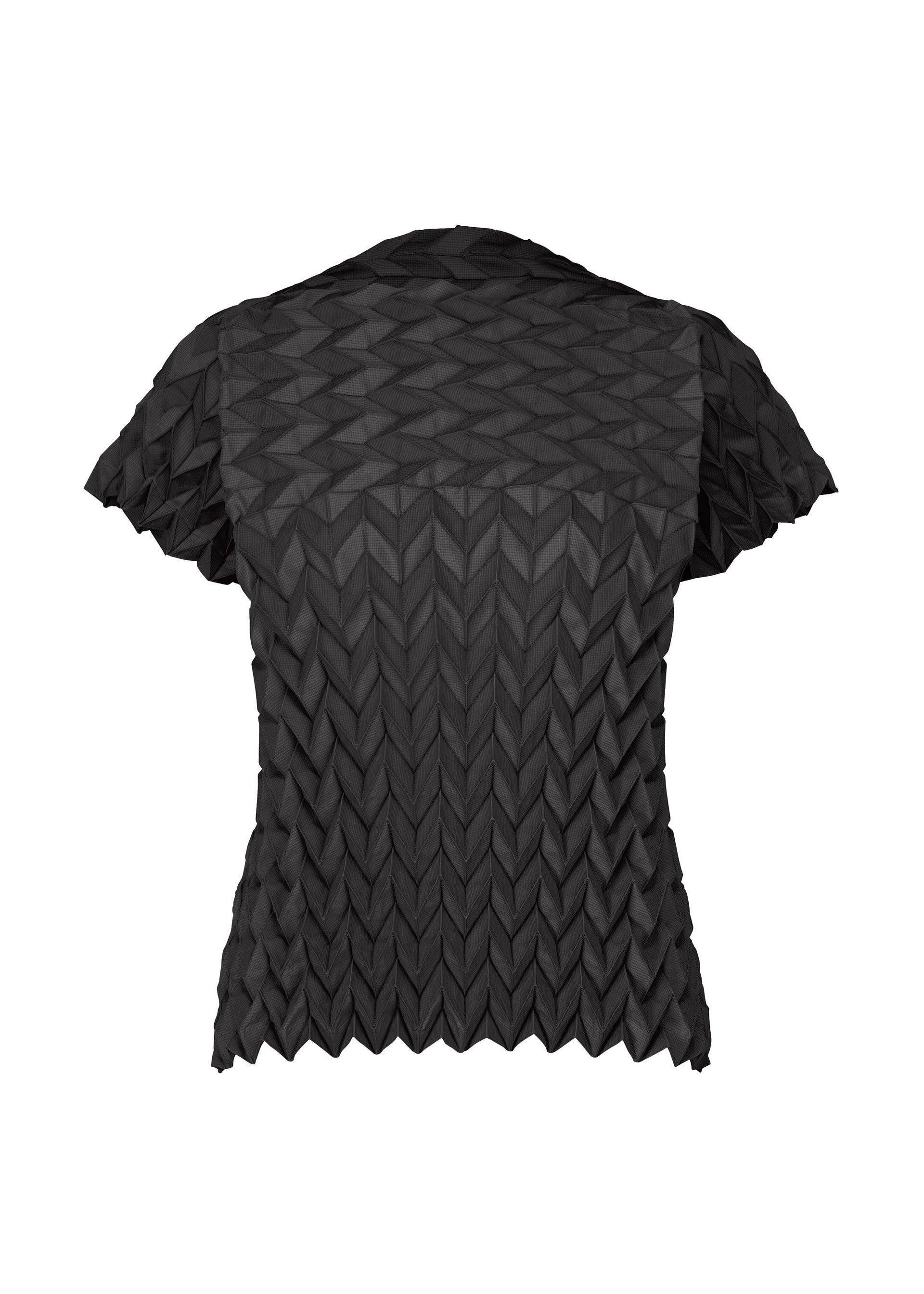 Zoomed view The TYPE-O 009 by A-POC ABLE ISSEY MIYAKE is a black short-sleeve top with Steam Stretch geometric pleats, creating 3D triangular and chevron textures throughout for a striking modern look. - BLACK （no.15）