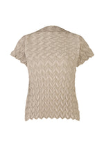 Back view of A-POC ABLE ISSEY MIYAKE TYPE-O 009, a short-sleeved beige blouse with geometric pleats in a textured zigzag pattern and a scalloped hem for a distinctive look. - BEIGE-HUED （no.46）