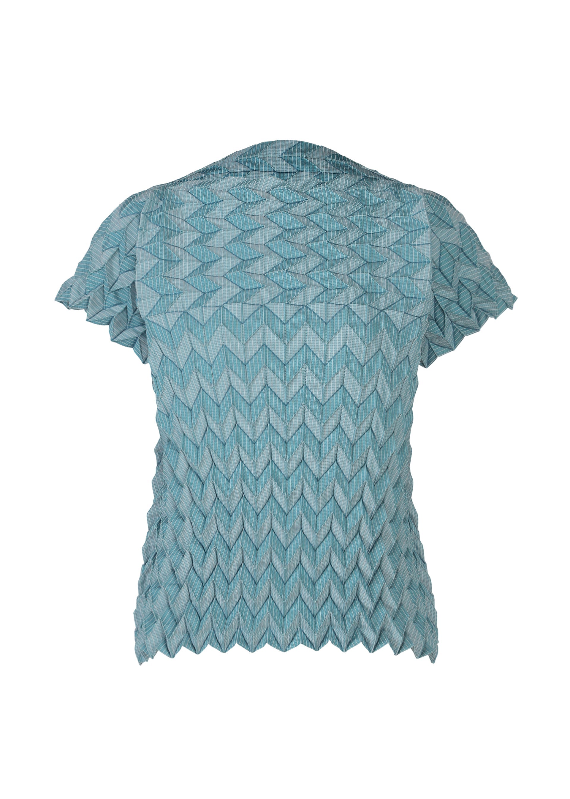Zoomed view The TYPE-O 009 by A-POC ABLE ISSEY MIYAKE is a light blue short-sleeve blouse with geometric pleats and a chevron texture. Shown on a white background, its Steam Stretch fabric creates a unique three-dimensional shape. - TURQUOISE BLUE-HUED （no.77）