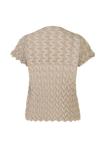 Back view of TYPE-O 009 by A-POC ABLE ISSEY MIYAKE: a short-sleeved light beige blouse with geometric pleats, a subtle chevron pattern, and wavy scalloped edges at the hem, sleeves, and neckline for a unique silhouette.