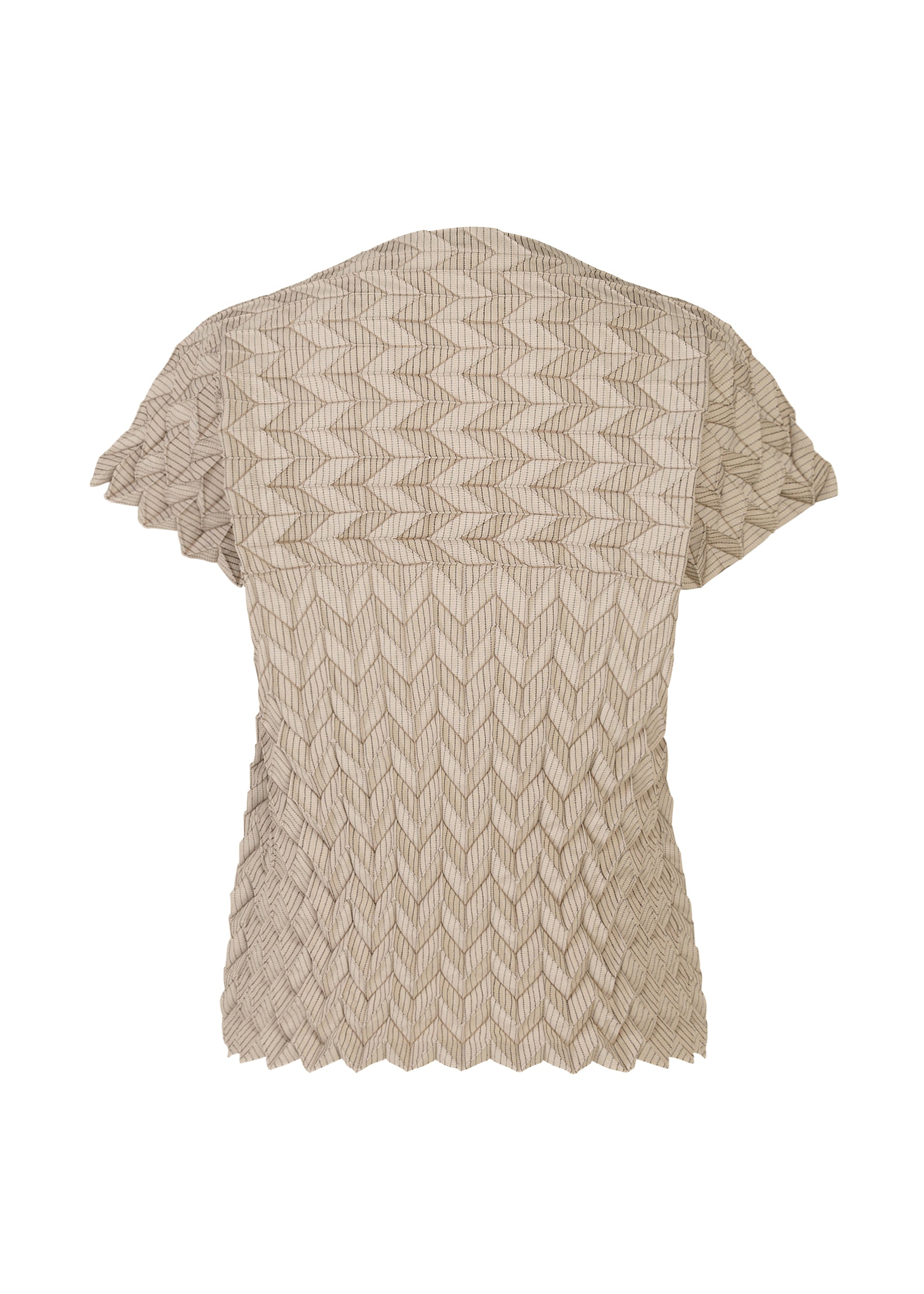 Zoomed view Back view of TYPE-O 009 by A-POC ABLE ISSEY MIYAKE: a short-sleeved light beige blouse with geometric pleats, a subtle chevron pattern, and wavy scalloped edges at the hem, sleeves, and neckline for a unique silhouette.