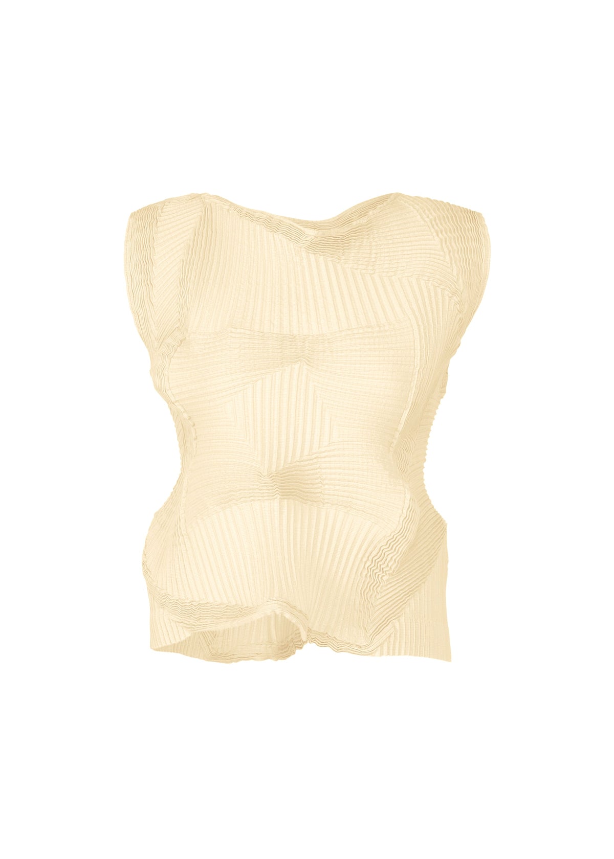 The TYPE-O 022 by A-POC ABLE ISSEY MIYAKE is a beige, antibacterial sleeveless top with a pleated, sculptural design and asymmetrical hem, crafted from Japanese Washi paper for natural moisture-regulating comfort. Shown on a white background. view 1 of 6