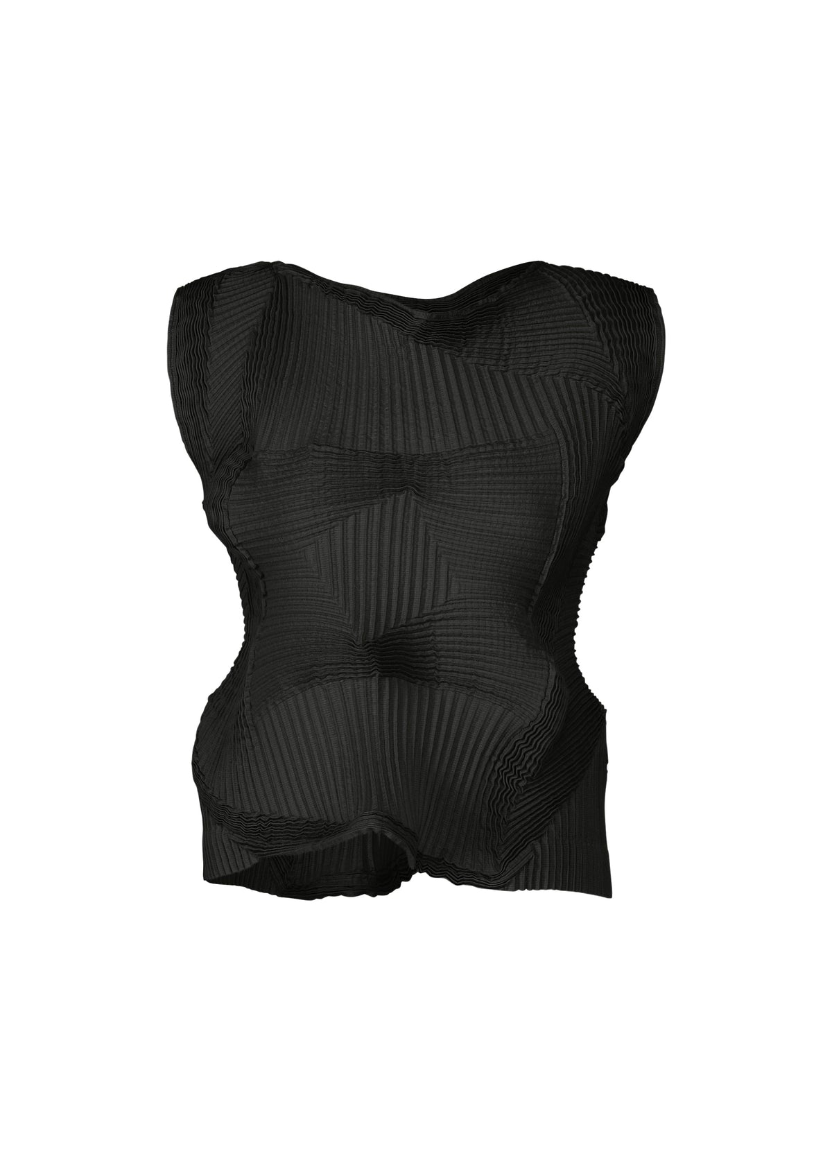 The TYPE-O 022 by A-POC ABLE ISSEY MIYAKE is a black sleeveless, sculptural top made from moisture-regulating fabric with a pleated geometric pattern, form-fitting silhouette, and asymmetrical hem, inspired by Japanese Washi paper clothing. view 2 of 6