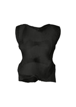 The TYPE-O 022 by A-POC ABLE ISSEY MIYAKE is a black sleeveless, sculptural top made from moisture-regulating fabric with a pleated geometric pattern, form-fitting silhouette, and asymmetrical hem, inspired by Japanese Washi paper clothing. - BLACK （no.15）