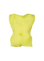 The TYPE-O 022 by A-POC ABLE ISSEY MIYAKE is a sleeveless, bright yellow sculpted top with a geometric pleated texture, form-fitting silhouette, and antibacterial, moisture-regulating fabric, shown on a white background. - LIME GREEN （no.63）
