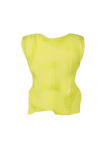 The TYPE-O 022 by A-POC ABLE ISSEY MIYAKE is a sleeveless yellow top featuring an abstract pleated texture, irregular hem, and moisture-regulating fabric, shown on a plain white background.