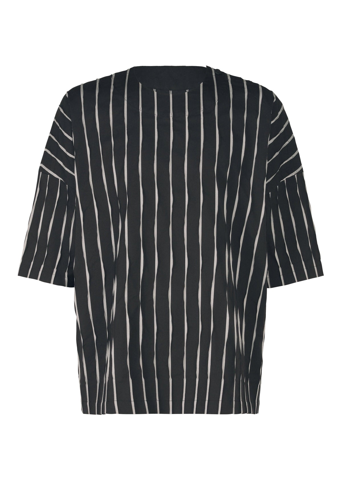 The TYPE-W 011 by A-POC ABLE ISSEY MIYAKE is a loose-fitting, short-sleeved black top with vertical white stripes, crew neckline, and subtle zigzag pleats for a modern touch. Displayed on a plain white background. view 1 of 10