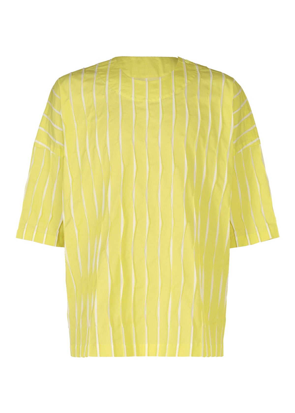 The TYPE-W 011 by A-POC ABLE ISSEY MIYAKE is a loose-fitting, short-sleeve yellow top with thin white vertical stripes and subtle zigzag pleats, shown against a white background. view 2 of 10