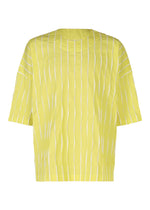 The TYPE-W 011 by A-POC ABLE ISSEY MIYAKE is a loose-fitting, short-sleeve yellow top with thin white vertical stripes and subtle zigzag pleats, shown against a white background. - YELLOW×WHITE （no.56）