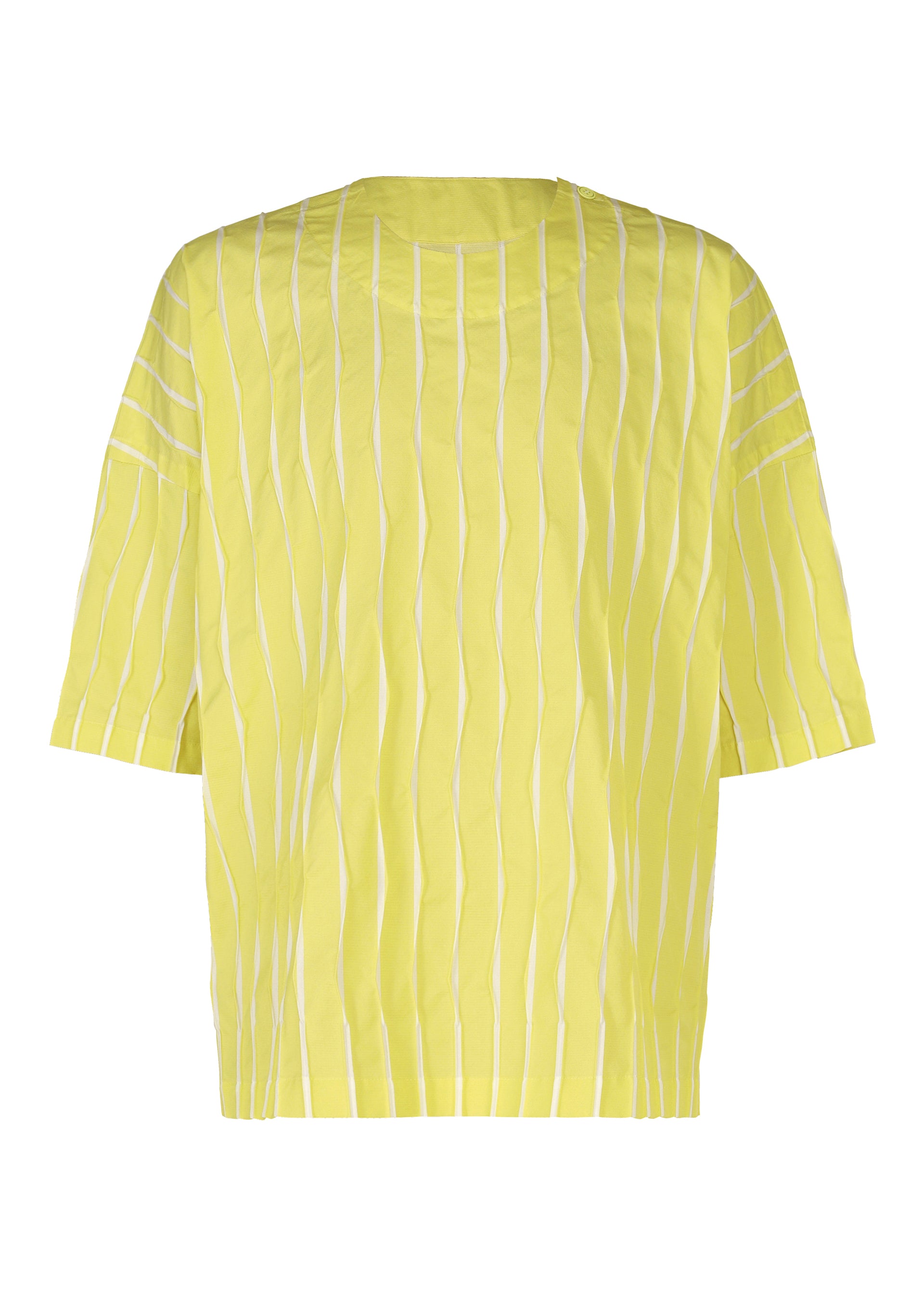 Zoomed view The TYPE-W 011 by A-POC ABLE ISSEY MIYAKE is a loose-fitting, short-sleeve yellow top with thin white vertical stripes and subtle zigzag pleats, shown against a white background. - YELLOW×WHITE （no.56）