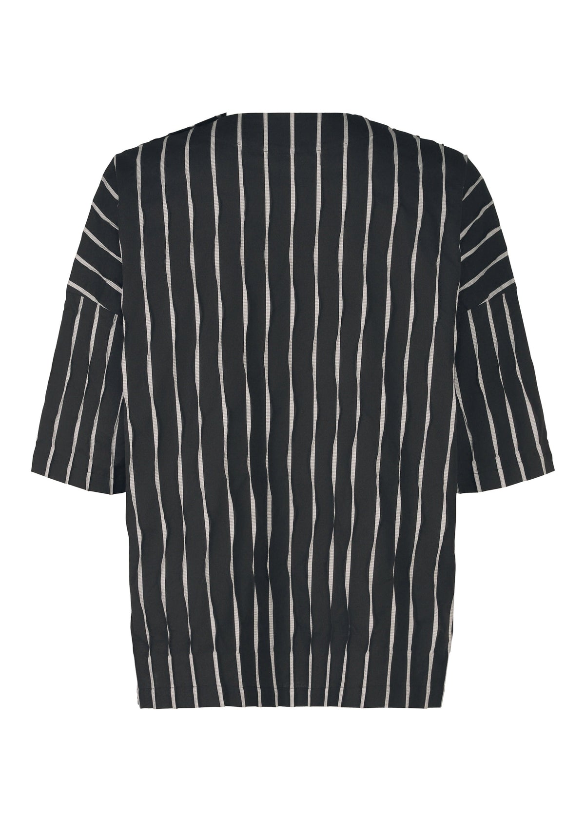 The TYPE-W 011 top by A-POC ABLE ISSEY MIYAKE features wide vertical white stripes on black, elbow-length sleeves, and a loose, boxy fit. Displayed in the image is the back view of this stylish shirt. view 3 of 10