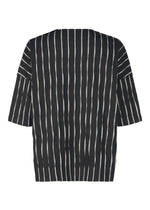 The TYPE-W 011 top by A-POC ABLE ISSEY MIYAKE features wide vertical white stripes on black, elbow-length sleeves, and a loose, boxy fit. Displayed in the image is the back view of this stylish shirt.
