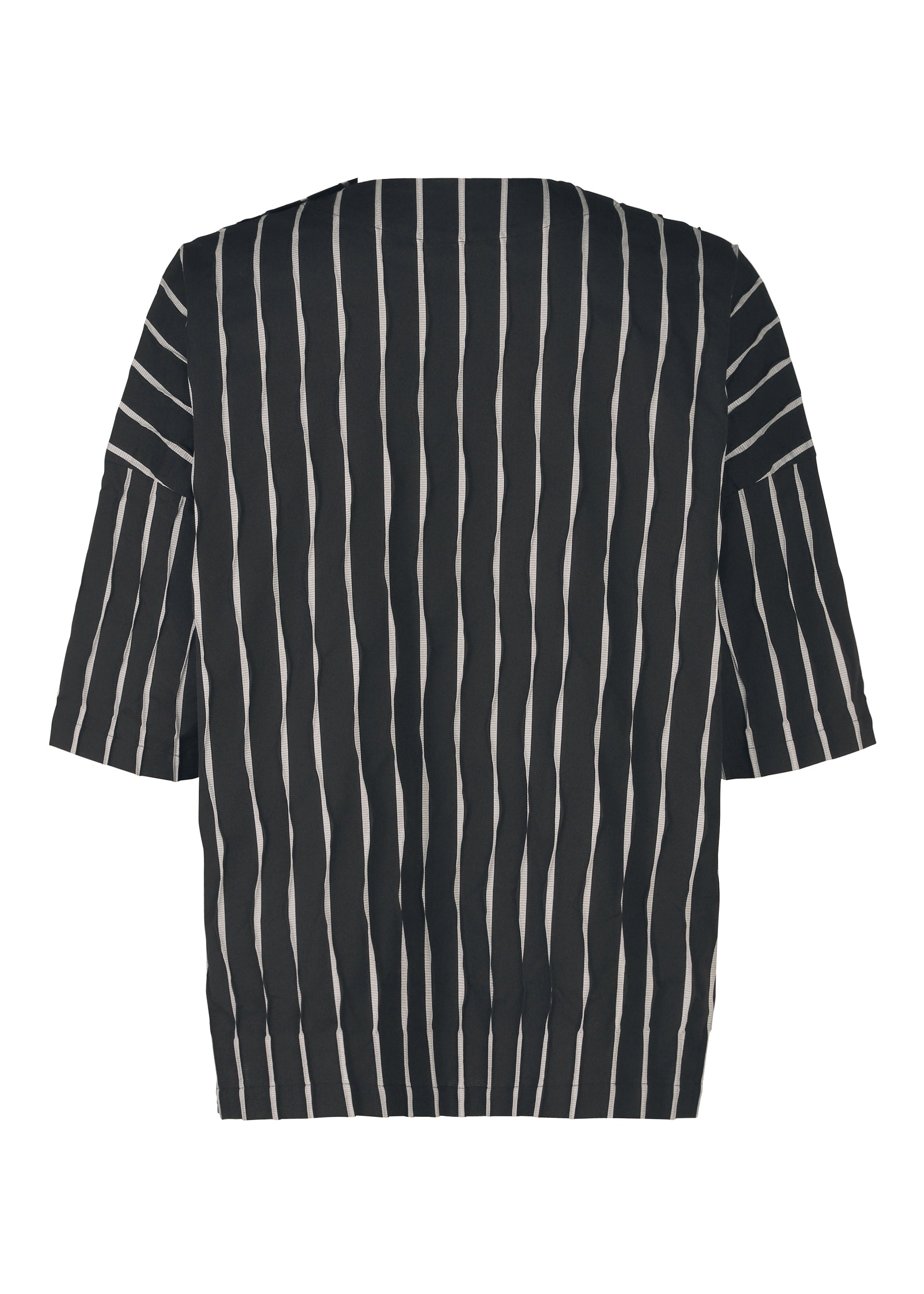 Zoomed view The TYPE-W 011 top by A-POC ABLE ISSEY MIYAKE features wide vertical white stripes on black, elbow-length sleeves, and a loose, boxy fit. Displayed in the image is the back view of this stylish shirt.