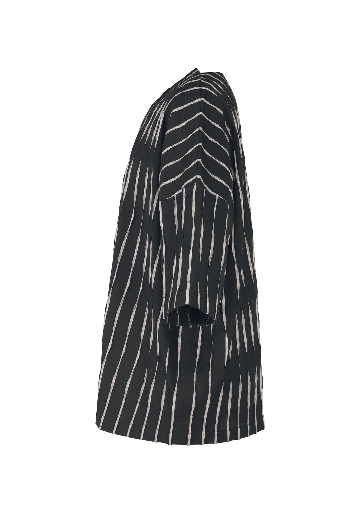 The TYPE-W 011 by A-POC ABLE ISSEY MIYAKE is a short-sleeved black top featuring white diagonal stripes, displayed from the side against a plain white background. view 4 of 10