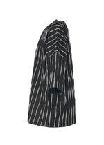 The TYPE-W 011 by A-POC ABLE ISSEY MIYAKE is a short-sleeved black top featuring white diagonal stripes, displayed from the side against a plain white background.