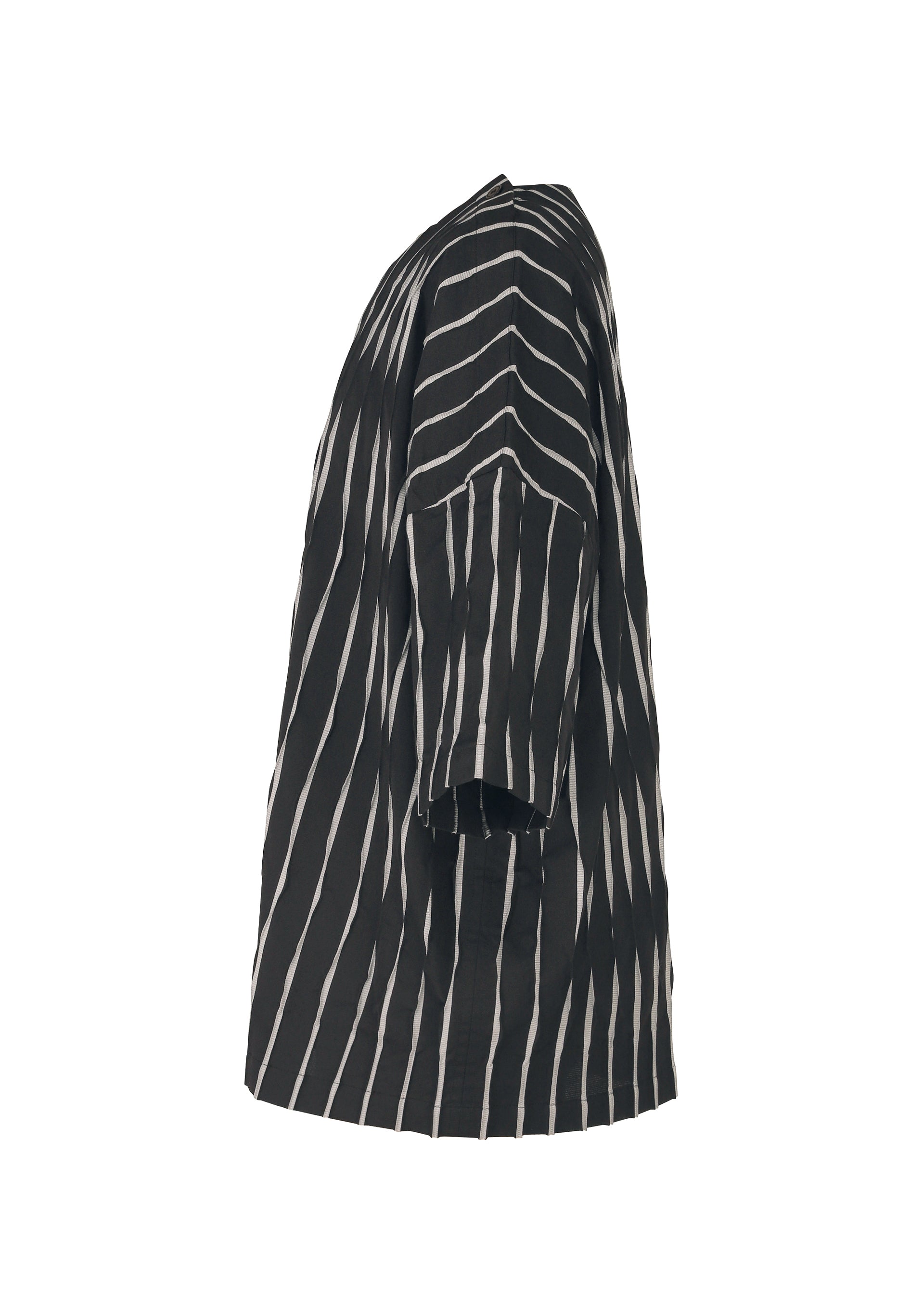 Zoomed view The TYPE-W 011 by A-POC ABLE ISSEY MIYAKE is a short-sleeved black top featuring white diagonal stripes, displayed from the side against a plain white background.