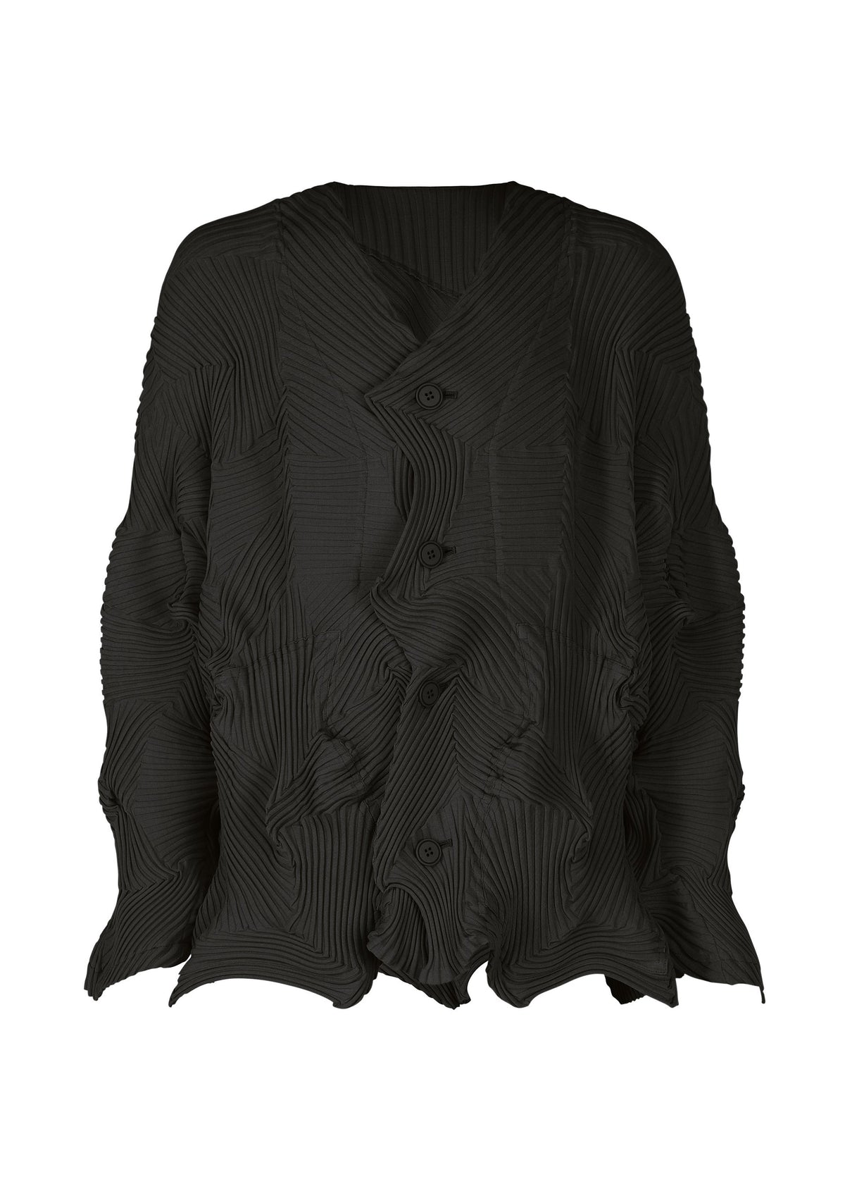 The TYPE-P 003-1 by A-POC ABLE ISSEY MIYAKE is a black, long-sleeve jacket with abstract crinkled texture and Baked Stretch pleating. Irregular pleats, an asymmetric button front, and soft fabric create a sculptural, wavy look. view 1 of 8