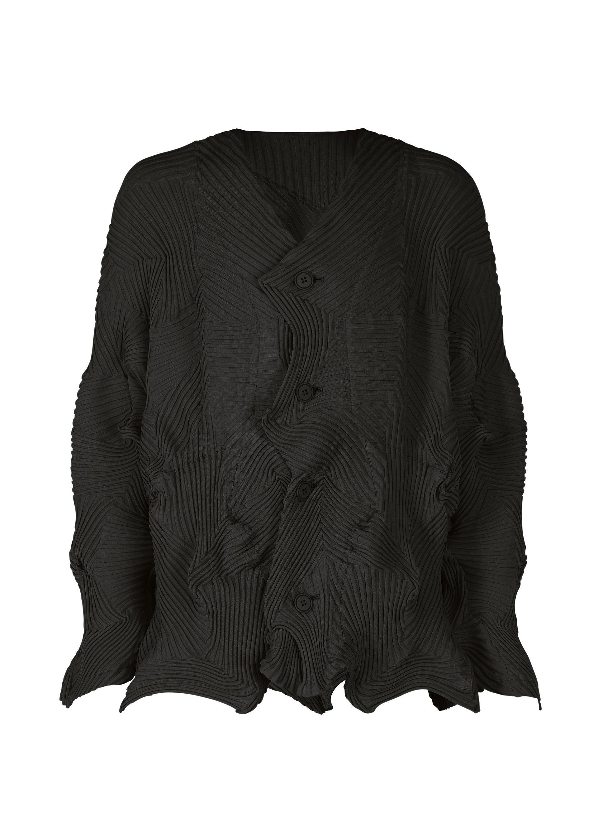 Zoomed view The TYPE-P 003-1 by A-POC ABLE ISSEY MIYAKE is a black, long-sleeve jacket with abstract crinkled texture and Baked Stretch pleating. Irregular pleats, an asymmetric button front, and soft fabric create a sculptural, wavy look. - BLACK （no.15）