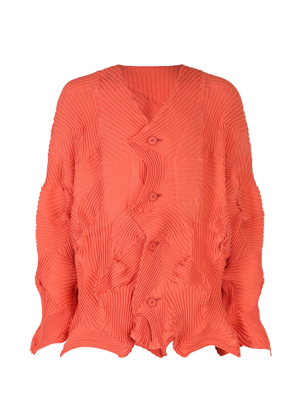 The TYPE-P 003-1 cardigan by A-POC ABLE ISSEY MIYAKE features bright coral Baked Stretch pleating, an uneven sculptural texture, unique wavy design, front buttons, and an oversized fit. view 2 of 8