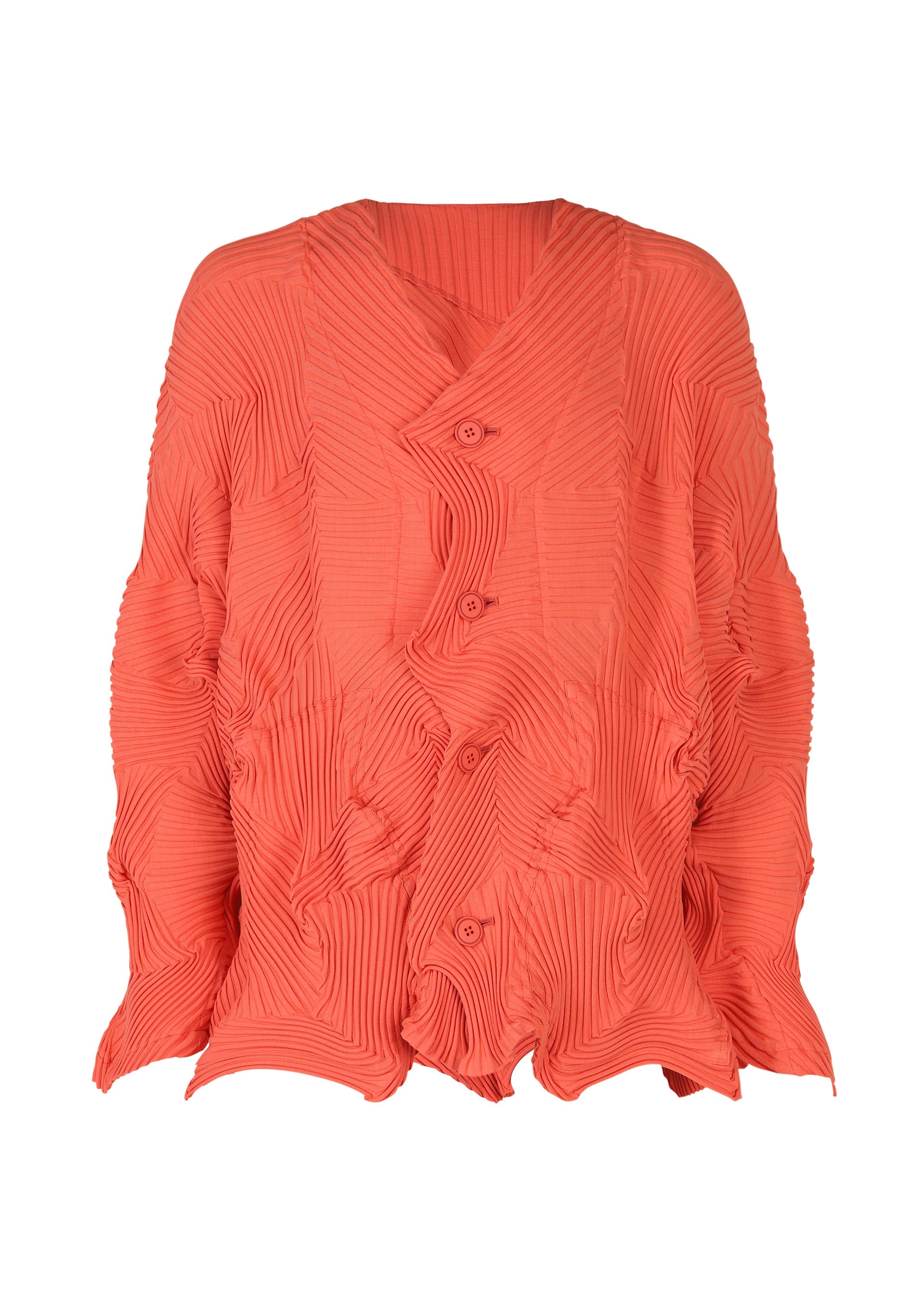 Zoomed view The TYPE-P 003-1 cardigan by A-POC ABLE ISSEY MIYAKE features bright coral Baked Stretch pleating, an uneven sculptural texture, unique wavy design, front buttons, and an oversized fit. - SALMON RED （no.25）