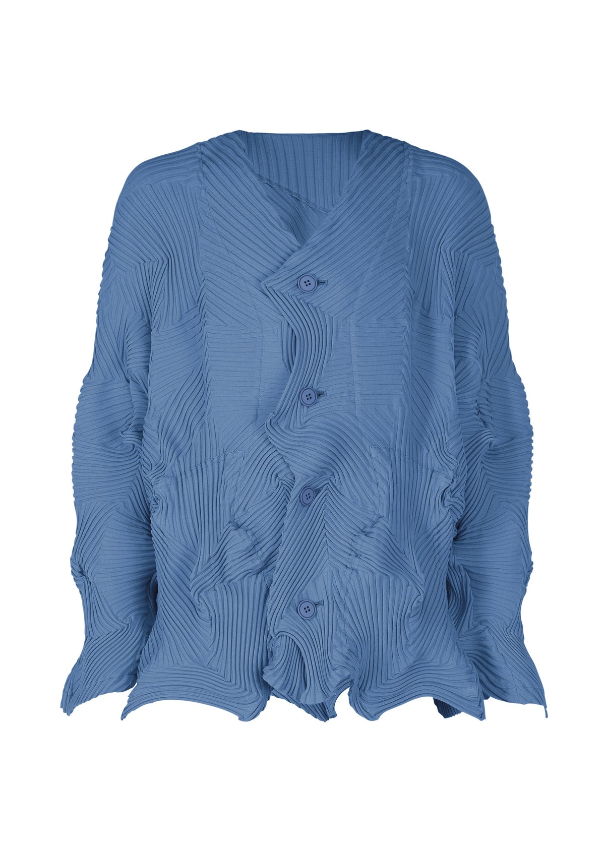 The TYPE-P 003-1 by A-POC ABLE ISSEY MIYAKE is a loose, long-sleeved blue V-neck cardigan with Baked Stretch pleating for a unique crinkled texture, finished with wavy edges and four front buttons. view 3 of 8