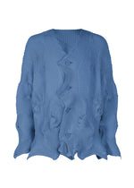 The TYPE-P 003-1 by A-POC ABLE ISSEY MIYAKE is a loose, long-sleeved blue V-neck cardigan with Baked Stretch pleating for a unique crinkled texture, finished with wavy edges and four front buttons. - BLUE （no.72）