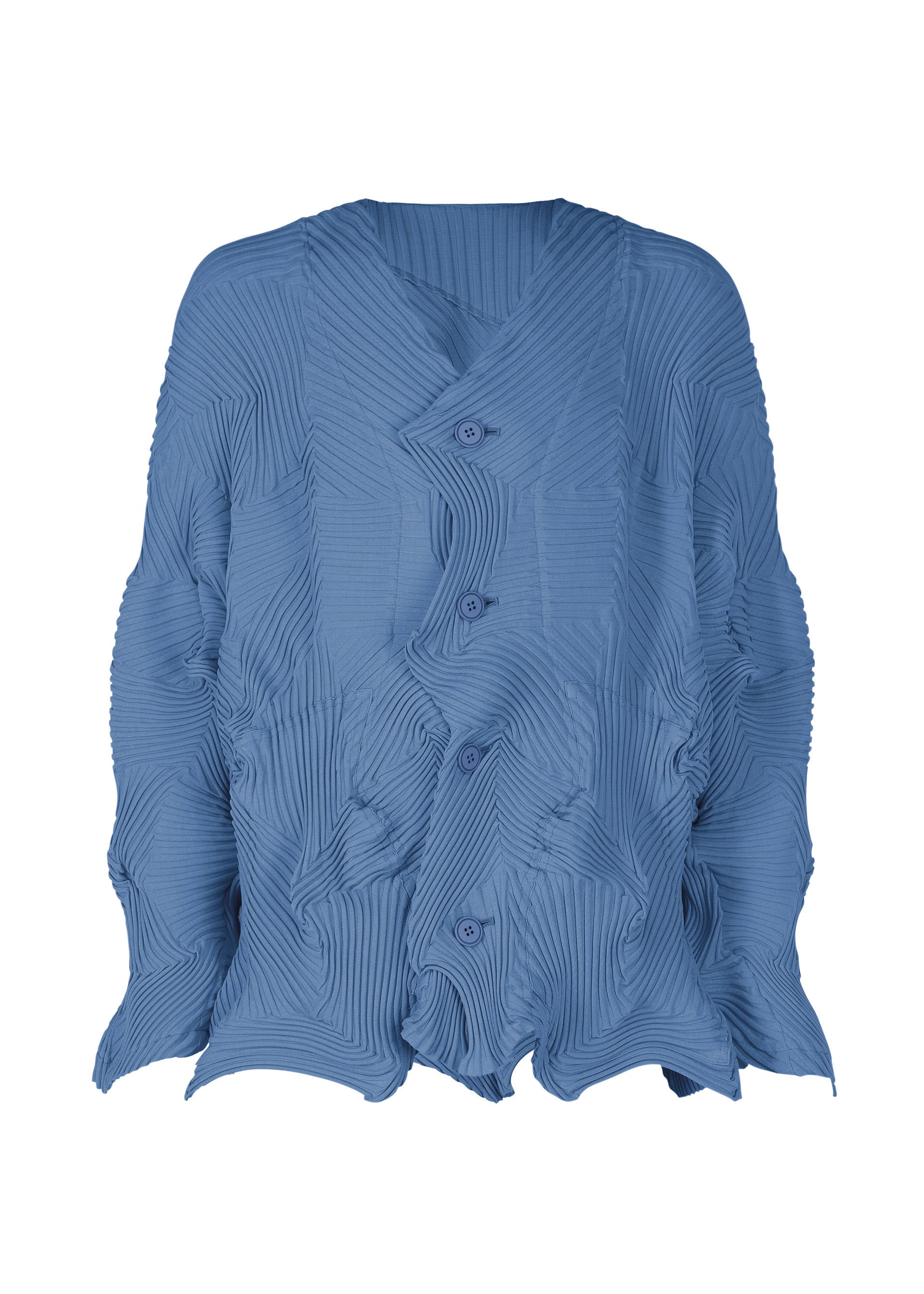 Zoomed view The TYPE-P 003-1 by A-POC ABLE ISSEY MIYAKE is a loose, long-sleeved blue V-neck cardigan with Baked Stretch pleating for a unique crinkled texture, finished with wavy edges and four front buttons. - BLUE （no.72）