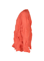 The TYPE-P 003-1 by A-POC ABLE ISSEY MIYAKE is a bright coral, long-sleeved top featuring soft Baked Stretch pleating, a lightweight crinkled texture, ruched detailing, and a subtly asymmetrical silhouette.