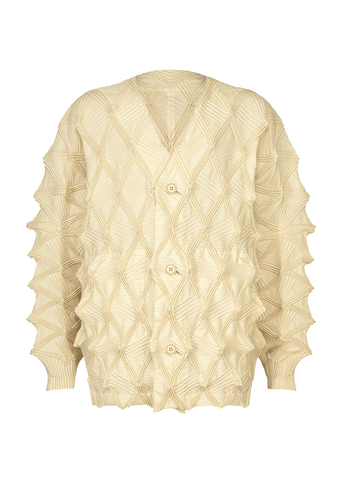The TYPE-O 023 cardigan by A-POC ABLE ISSEY MIYAKE is crafted in beige with a diamond-shaped, raised texture. Featuring long sleeves, an elegant V-neckline, and front button closure, it is finished with a subtle accordion hem for added visual interest. view 1 of 11