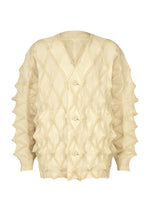 The TYPE-O 023 cardigan by A-POC ABLE ISSEY MIYAKE is crafted in beige with a diamond-shaped, raised texture. Featuring long sleeves, an elegant V-neckline, and front button closure, it is finished with a subtle accordion hem for added visual interest. - IVORY-HUED （no.07）