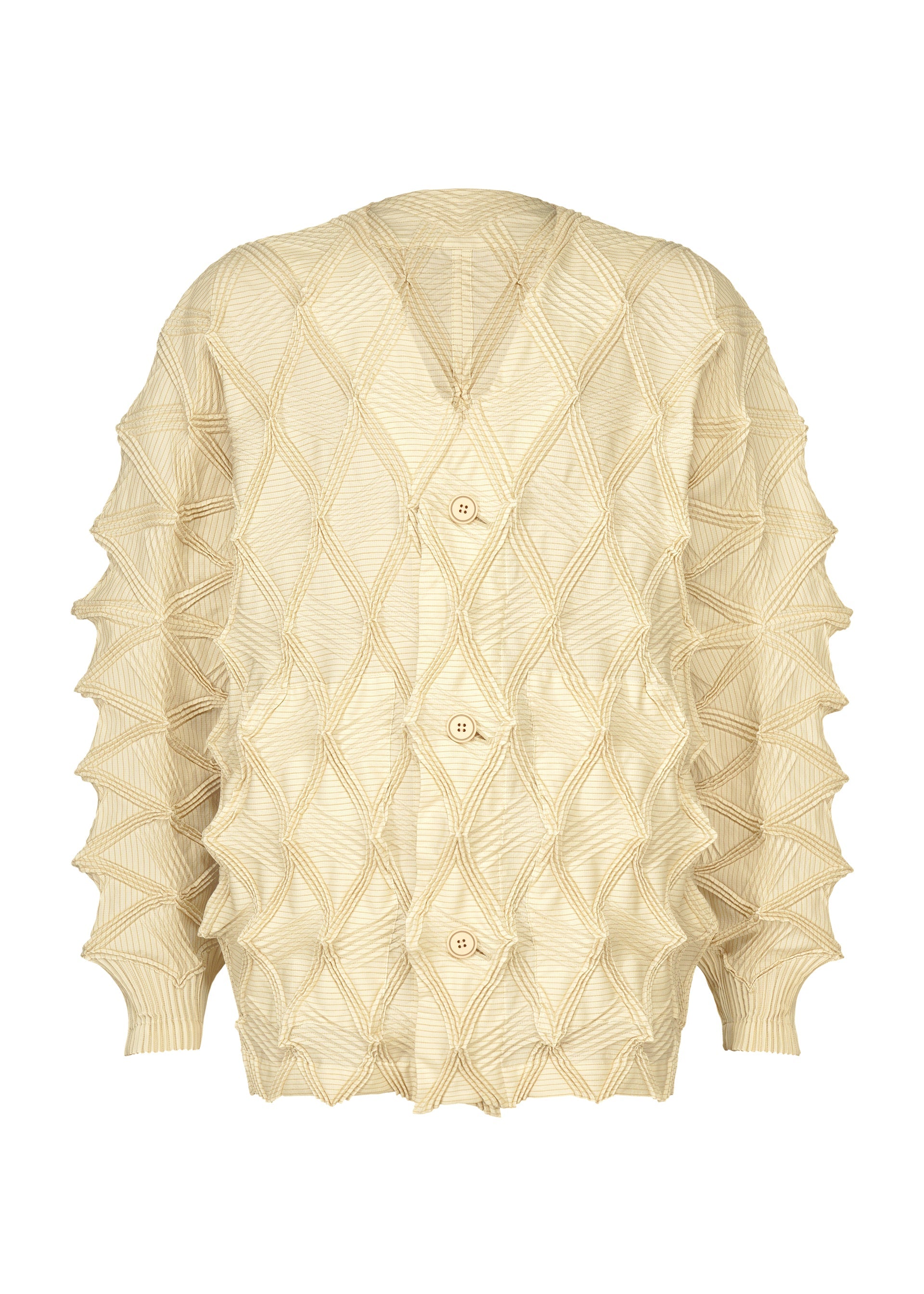 Zoomed view The TYPE-O 023 cardigan by A-POC ABLE ISSEY MIYAKE is crafted in beige with a diamond-shaped, raised texture. Featuring long sleeves, an elegant V-neckline, and front button closure, it is finished with a subtle accordion hem for added visual interest. - IVORY-HUED （no.07）