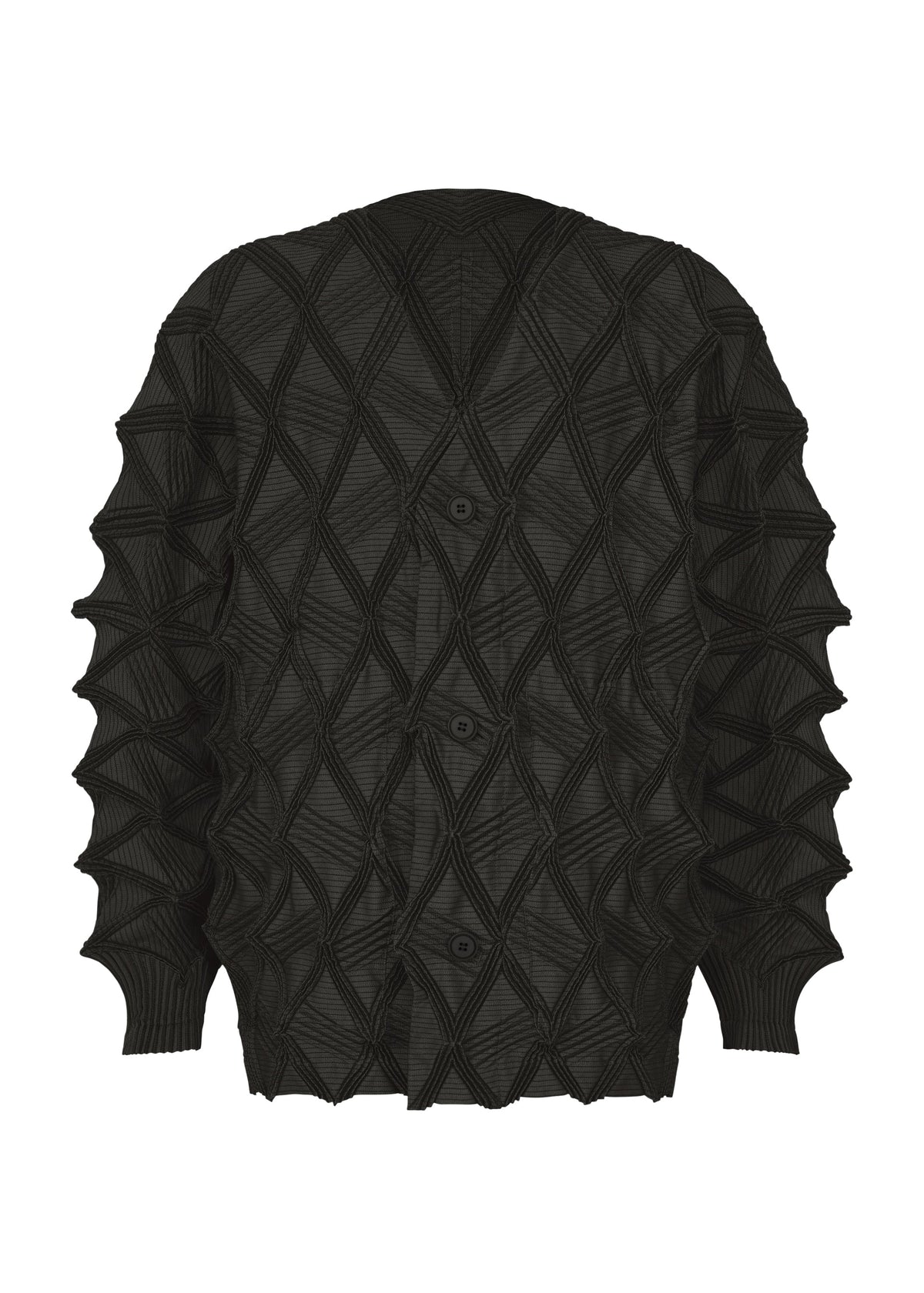Introducing the TYPE-O 023 by A-POC ABLE ISSEY MIYAKE: a black, long-sleeved cardigan featuring a distinctive geometric three-dimensional diamond pattern and central button closure, elegantly finished with an accordion hem that enhances the garment’s dynamic, striking design. view 2 of 11