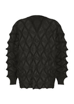 Introducing the TYPE-O 023 by A-POC ABLE ISSEY MIYAKE: a black, long-sleeved cardigan featuring a distinctive geometric three-dimensional diamond pattern and central button closure, elegantly finished with an accordion hem that enhances the garment’s dynamic, striking design. - BLACK （no.15）