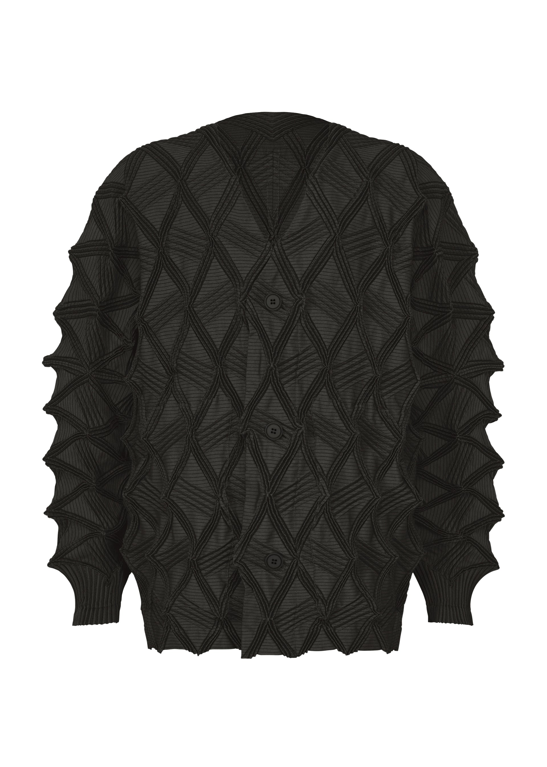 Zoomed view Introducing the TYPE-O 023 by A-POC ABLE ISSEY MIYAKE: a black, long-sleeved cardigan featuring a distinctive geometric three-dimensional diamond pattern and central button closure, elegantly finished with an accordion hem that enhances the garment’s dynamic, striking design. - BLACK （no.15）