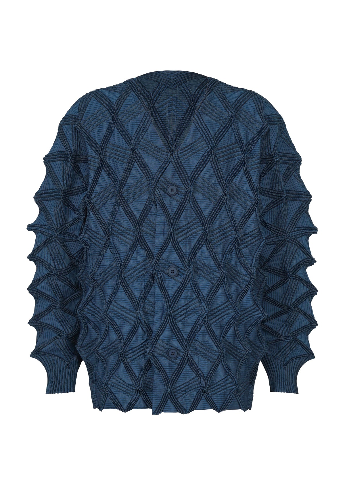 The TYPE-O 023 by A-POC ABLE ISSEY MIYAKE is a blue textured cardigan featuring a geometric, diamond-shaped pattern and button-down front. Expertly crafted using innovative Steam Stretch techniques, its fabric is pleated for a three-dimensional, sculptural effect on the sleeves and body, while an accordion hem adds distinctive visual interest. view 3 of 11
