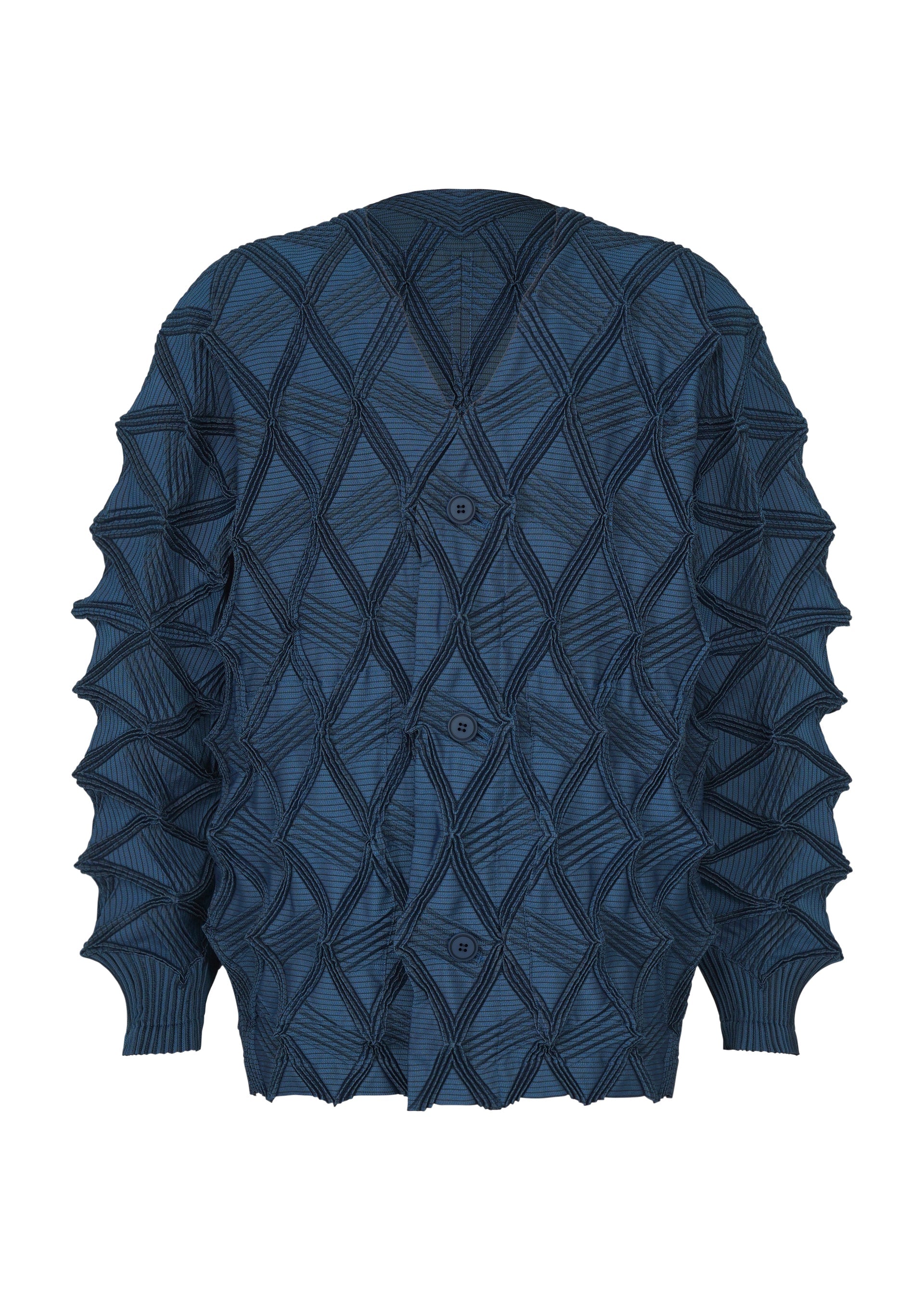Zoomed view The TYPE-O 023 by A-POC ABLE ISSEY MIYAKE is a blue textured cardigan featuring a geometric, diamond-shaped pattern and button-down front. Expertly crafted using innovative Steam Stretch techniques, its fabric is pleated for a three-dimensional, sculptural effect on the sleeves and body, while an accordion hem adds distinctive visual interest. - DARK BLUE （no.74）