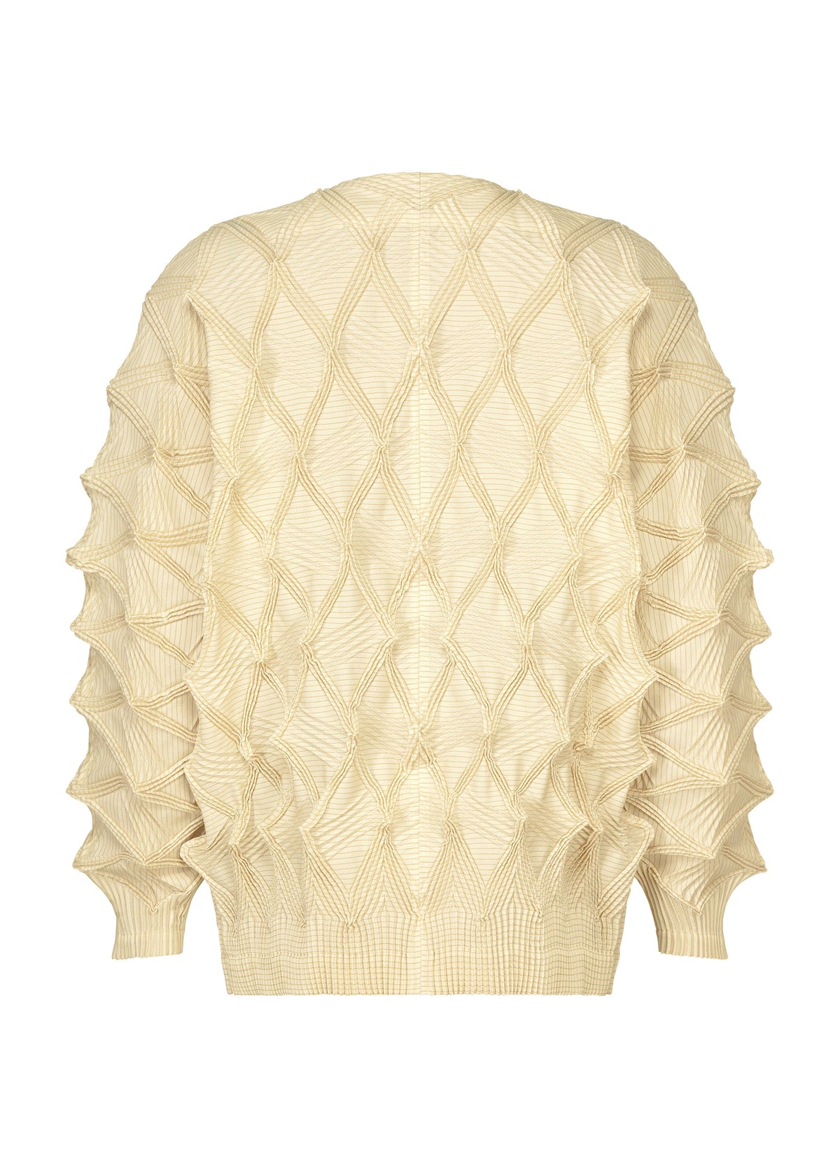 TYPE-O 023 by A-POC ABLE ISSEY MIYAKE is a cream-colored sweater featuring a textured diamond pattern with raised, three-dimensional ridges that create a geometric, sculptural effect across the back and sleeves. Finished with an elegant accordion hem, this piece pairs effortlessly with pleated pants for a refined yet modern ensemble. view 4 of 11