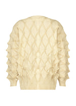 TYPE-O 023 by A-POC ABLE ISSEY MIYAKE is a cream-colored sweater featuring a textured diamond pattern with raised, three-dimensional ridges that create a geometric, sculptural effect across the back and sleeves. Finished with an elegant accordion hem, this piece pairs effortlessly with pleated pants for a refined yet modern ensemble.