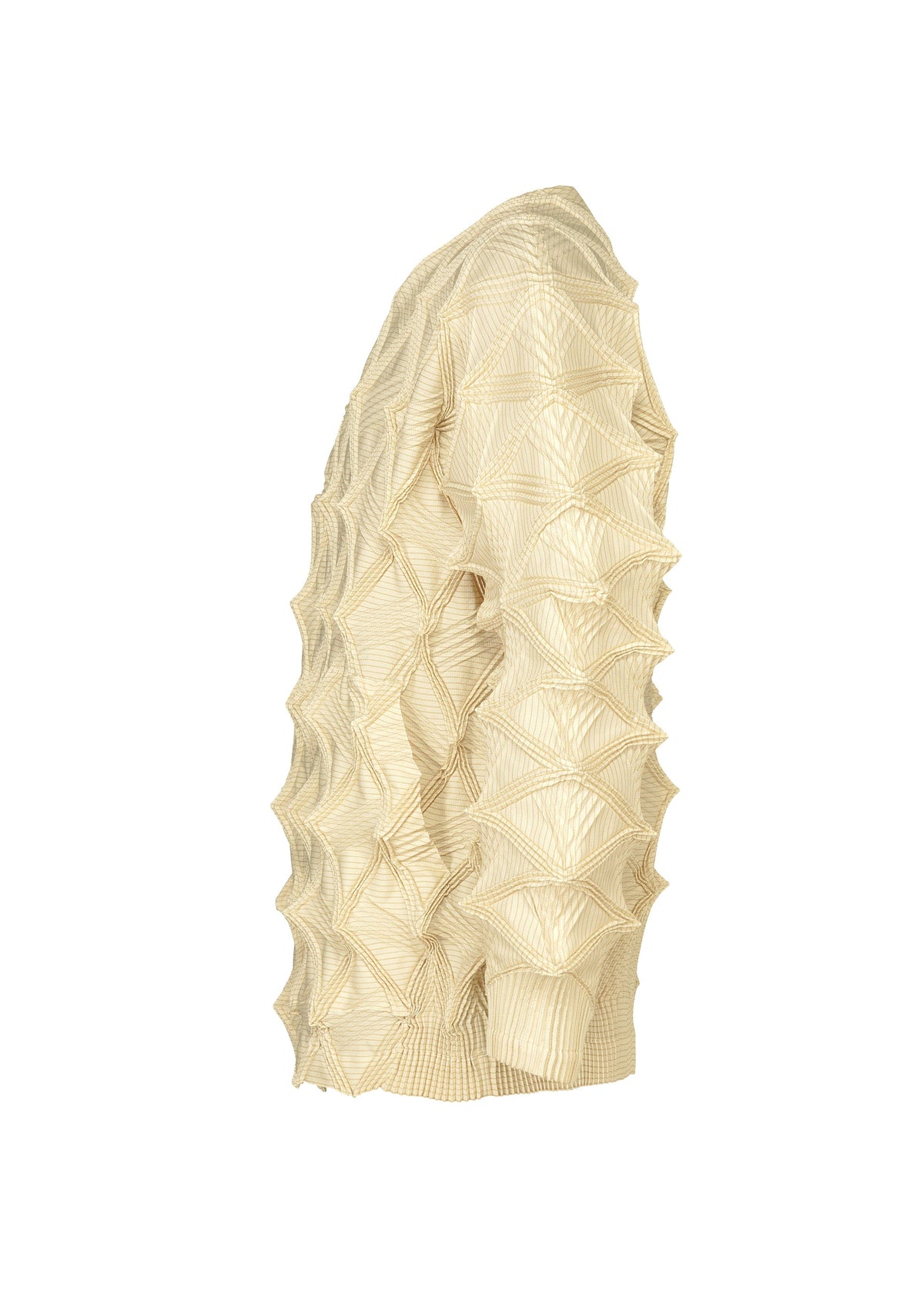 The TYPE-O 023 by A-POC ABLE ISSEY MIYAKE is a cream-colored long-sleeve shirt featuring raised, geometric, spiky textured patterns across the fabric. Shown in a side profile against a white background, this design is finished with an accordion hem that lends subtle structure and modern detail to its overall silhouette. view 5 of 11